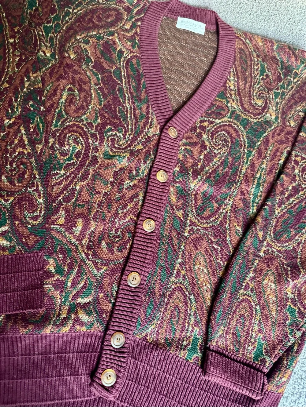 Vintage Paisley Button-Up Cardigan in Burgundy and Green